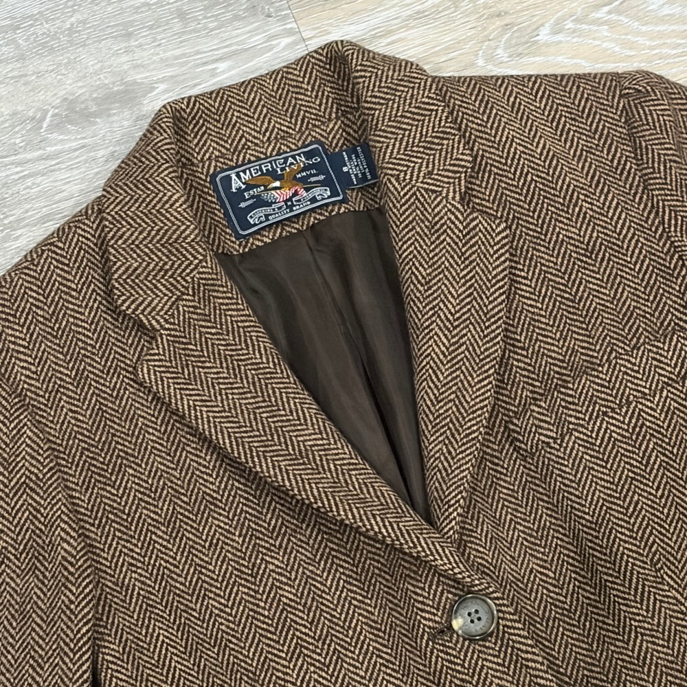 American Living Brown Herringbone 100% Wool 3-Button Blazer Jacket Womens 8